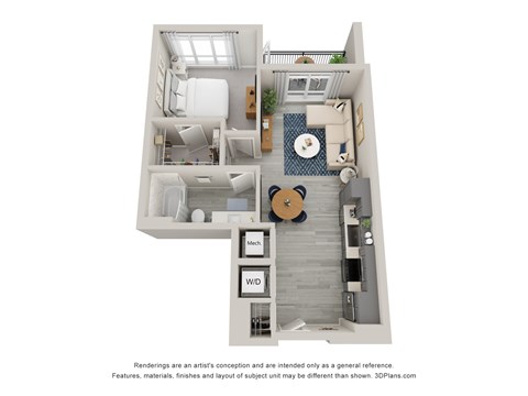 Floor plan for 1 bed, 1 bath, 667 sqft